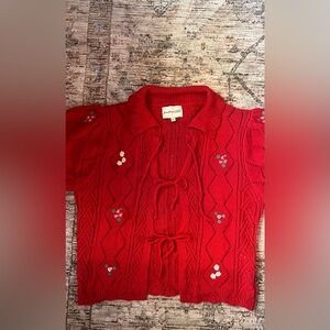 Freshman Red Embroidered Tie-Front Cardigan Sweater